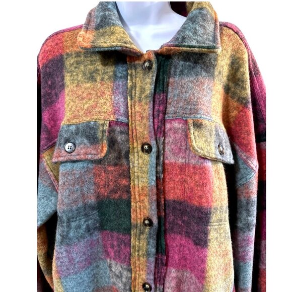 Colorful Plaid Shacket Oversized Button Down Shirt Jacket Women S - Picture 2 of 9